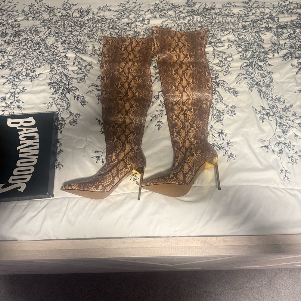 Guess Brown Snake Print Over-the-Knee Boots